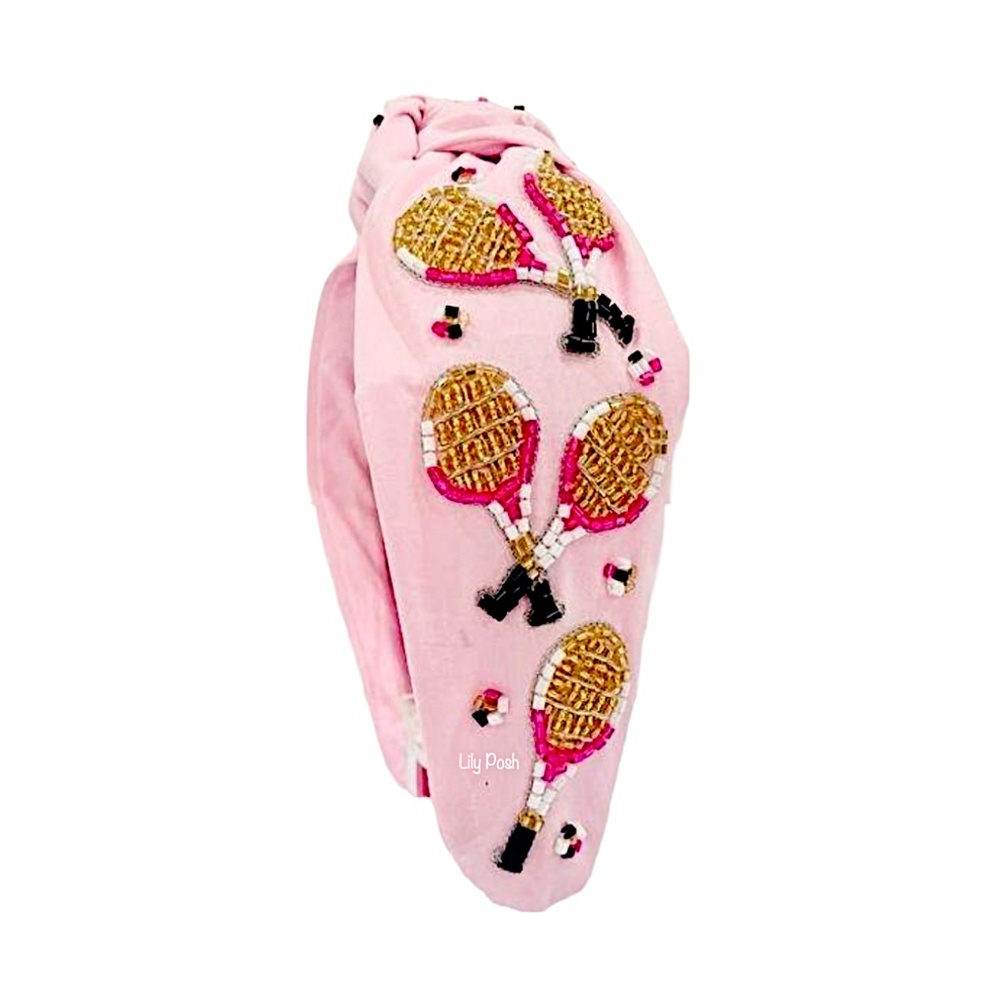 Lily Posh Beaded Tennis Headband, Wide Knot Pink Headband, Tennis